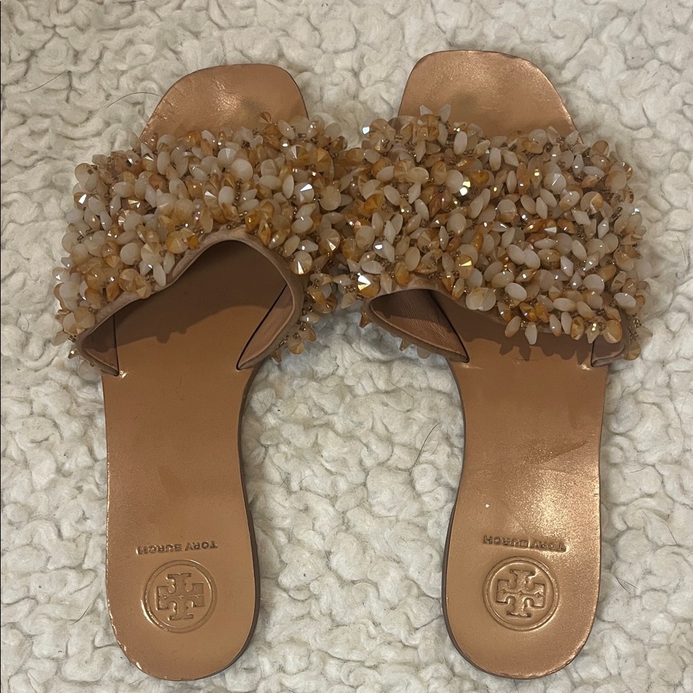 Tory Burch Women's Embellished Sandals - Cream and Gold. Like new!!!